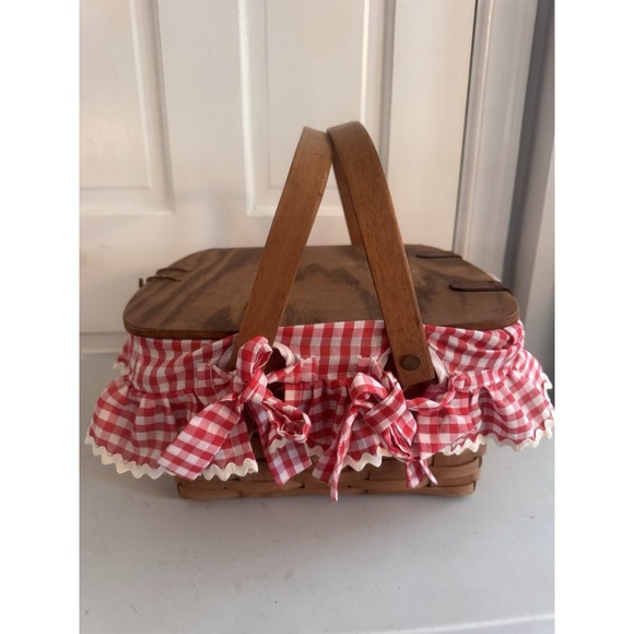 Vtg Longaberger 1993 Large Basket With Lid, Handles & Riser Picnic Pie Red White - Picture 5 of 14